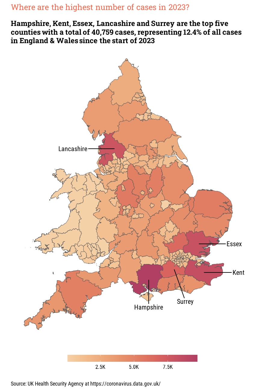 Top Ten Areas in England & Wales with amended legend and county labels