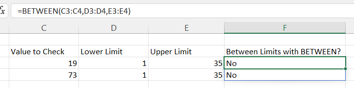 Using the BETWEEN custom function across multiple cell ranges